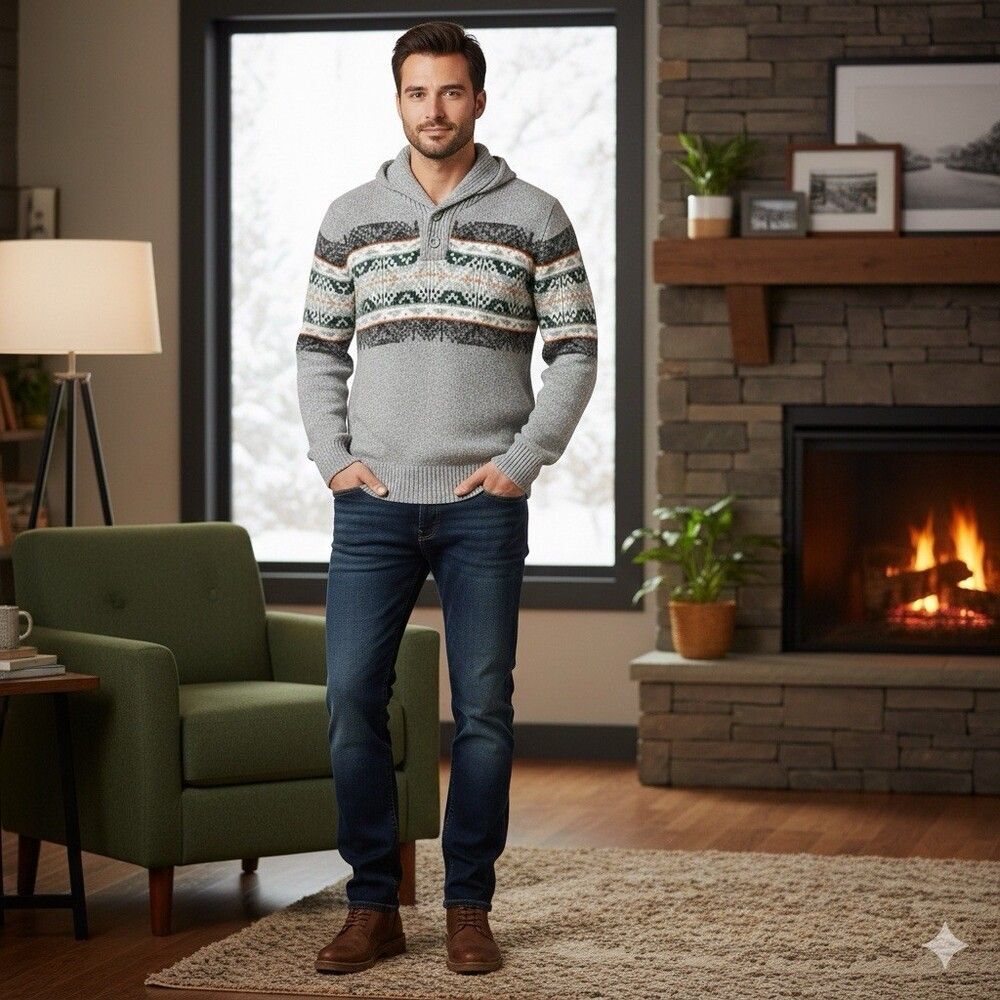 American Eagle Mens Size Large Fair Isle Sweater Shawl Neck Grey Green Knit